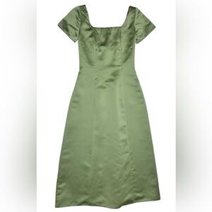 Vintage Y2K Green Satin Midi Formal Dress Beaded Neckline Size 4 Prom Bridesmaid